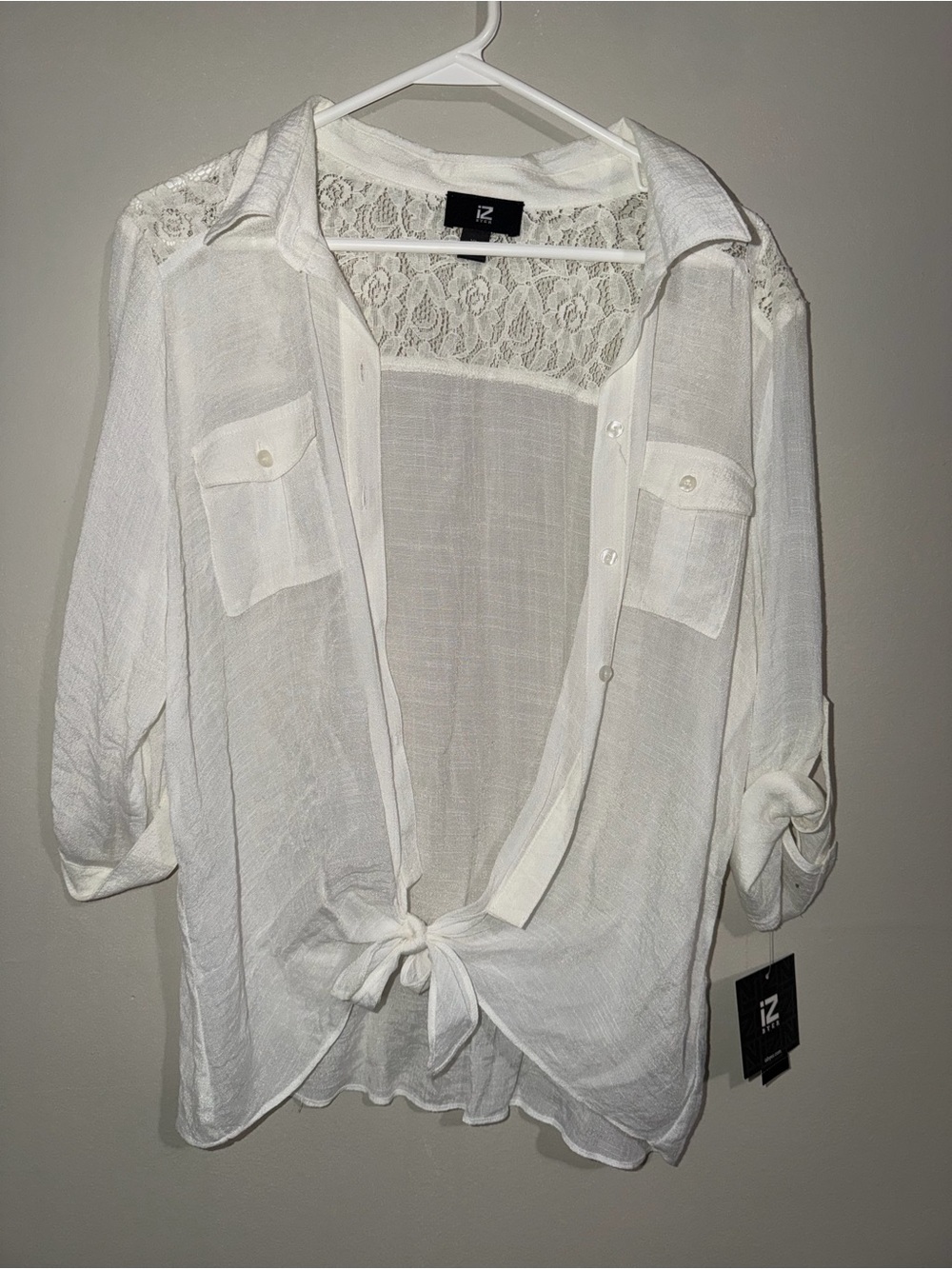 IZ Byer Off-White Lace Back Button-Down Blouse – Size XL